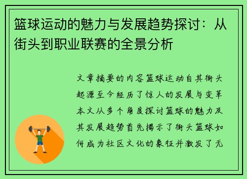 篮球运动的魅力与发展趋势探讨：从街头到职业联赛的全景分析
