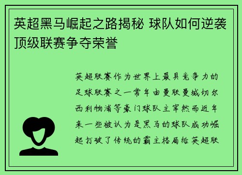英超黑马崛起之路揭秘 球队如何逆袭顶级联赛争夺荣誉