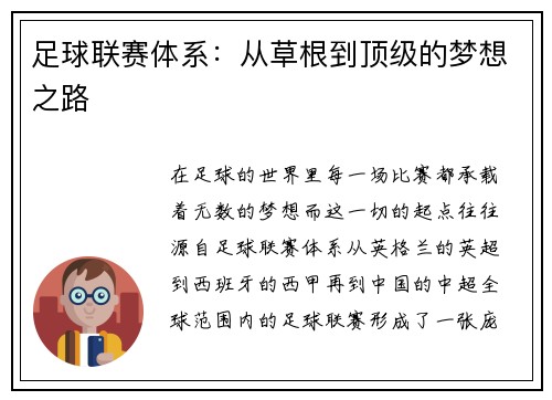 足球联赛体系：从草根到顶级的梦想之路