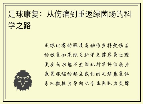 足球康复：从伤痛到重返绿茵场的科学之路